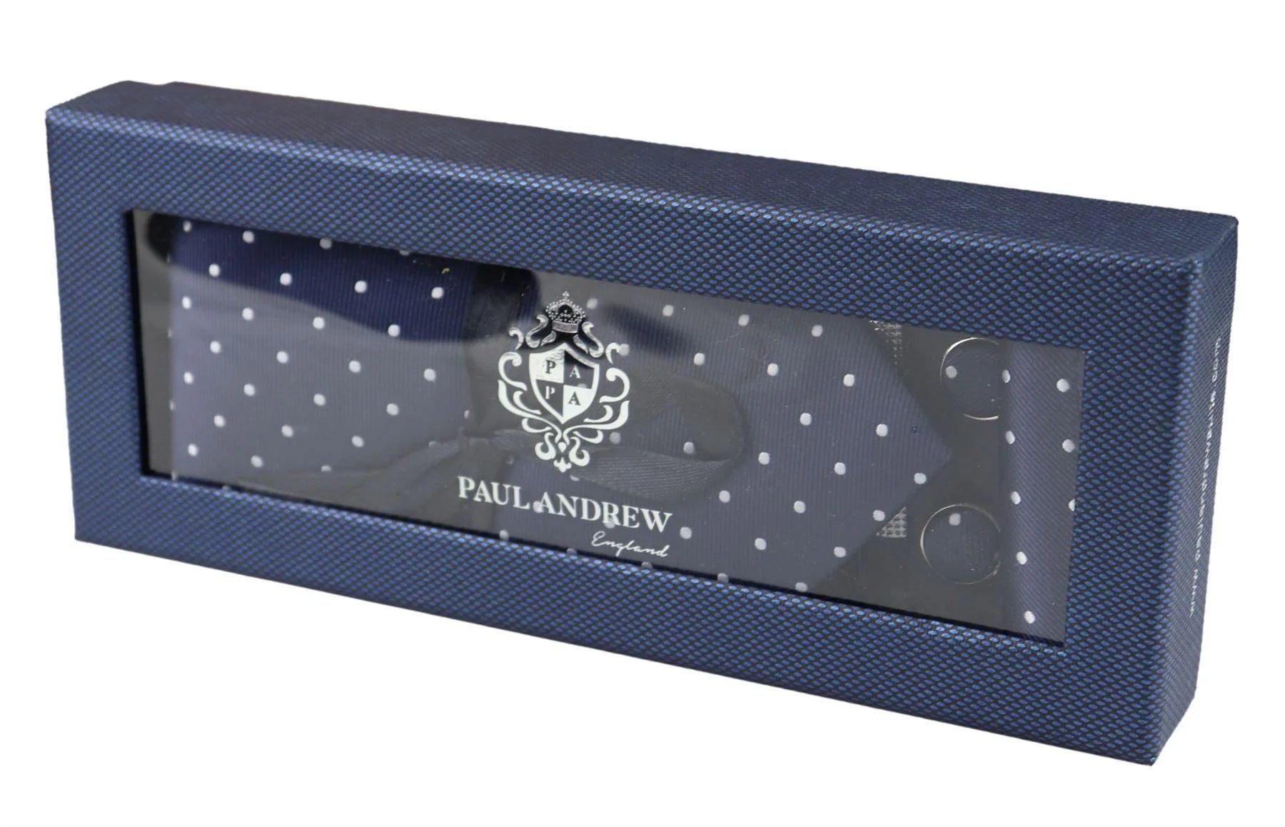 Conjunto de presente com gravata azul-marinho com bolinhas, lenço de bolso, abotoaduras e alfinete de gravata em cetim.
