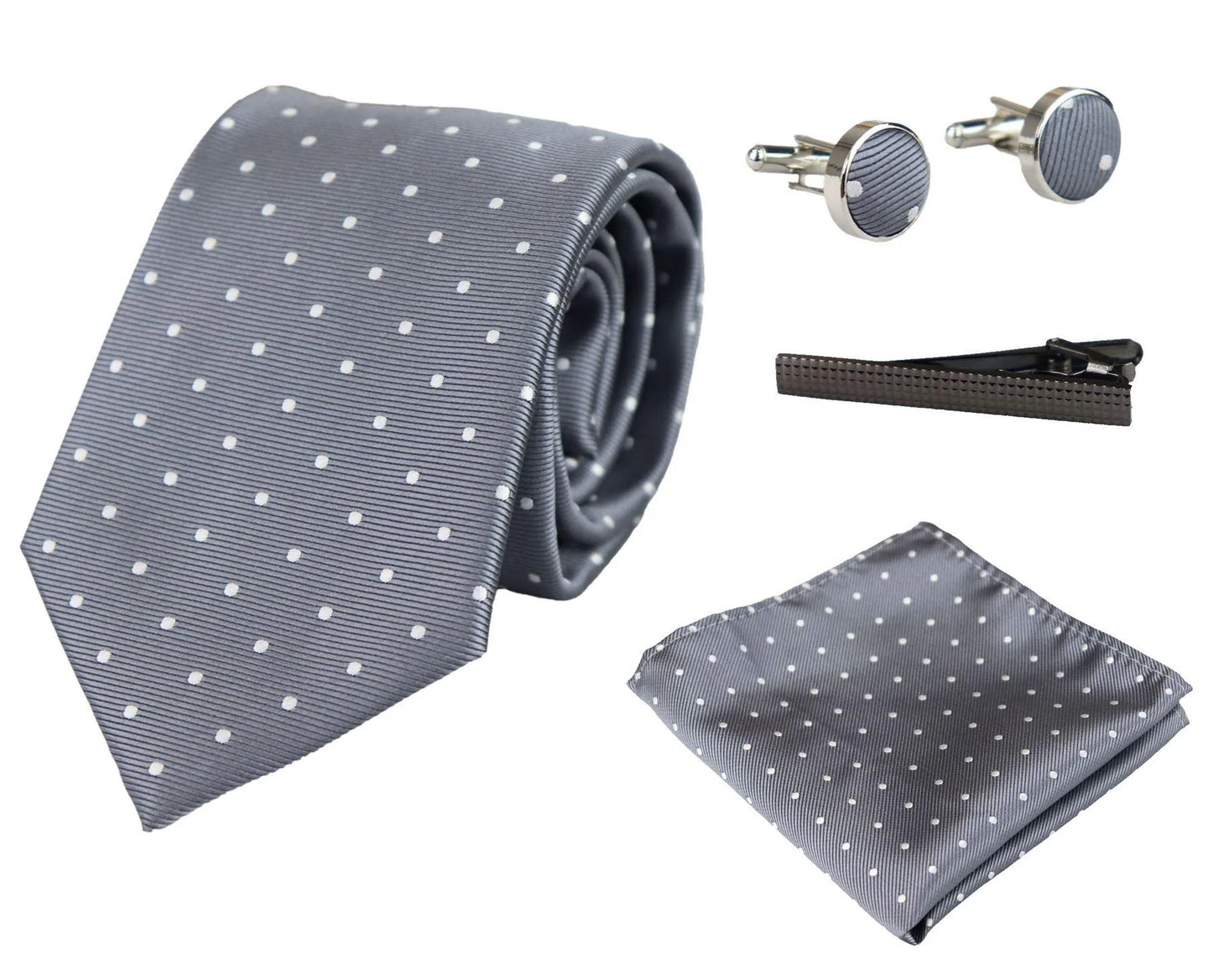 Conjunto de presente com gravata prateada com bolinhas, lenço de bolso, abotoaduras e alfinete de gravata em cetim de bolinhas.