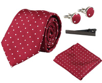 Conjunto de presente com gravata, lenço de bolso, abotoaduras e alfinete de gravata em cetim com estampa de bolinhas na cor vinho.