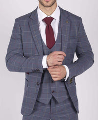 Blazer masculino Marc Darcy xadrez azul, cinza e vermelho, estilo casual elegante, em tweed, corte slim.