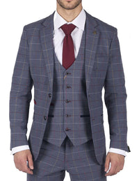 Blazer masculino Marc Darcy xadrez azul, cinza e vermelho, estilo casual elegante, em tweed, corte slim.