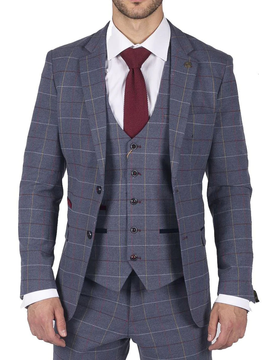 Blazer masculino Marc Darcy xadrez azul, cinza e vermelho, estilo casual elegante, em tweed, corte slim.