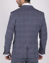 Blazer masculino Marc Darcy xadrez azul, cinza e vermelho, estilo casual elegante, em tweed, corte slim.