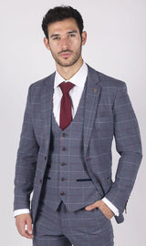 Blazer masculino Marc Darcy xadrez azul, cinza e vermelho, estilo casual elegante, em tweed, corte slim.