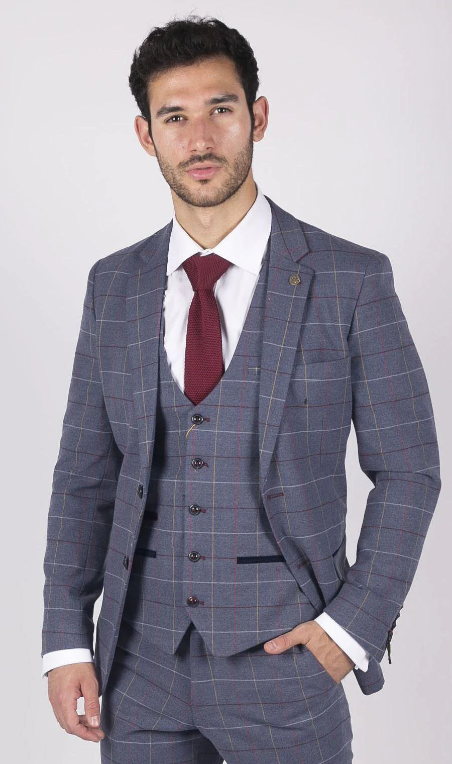 Blazer masculino Marc Darcy xadrez azul, cinza e vermelho, estilo casual elegante, em tweed, corte slim.