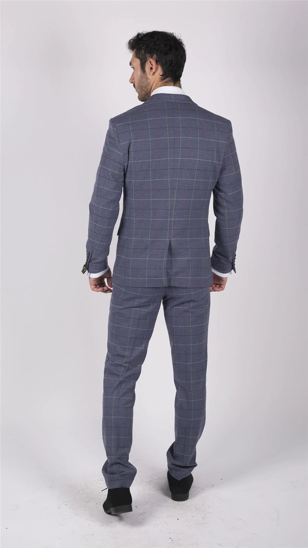 Terno masculino Marc Darcy xadrez azul, cinza e vermelho, 3 peças, elegante e casual, em tweed, corte slim, modelo Drake.
