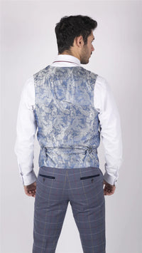 Terno masculino Marc Darcy xadrez azul, cinza e vermelho, 3 peças, elegante e casual, em tweed, corte slim, modelo Drake.