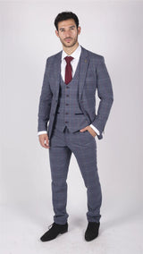 Terno masculino Marc Darcy xadrez azul, cinza e vermelho, 3 peças, elegante e casual, em tweed, corte slim, modelo Drake.