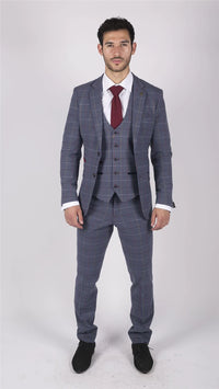 Terno masculino Marc Darcy xadrez azul, cinza e vermelho, 3 peças, elegante e casual, em tweed, corte slim, modelo Drake.