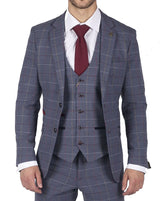 Terno masculino Marc Darcy xadrez azul, cinza e vermelho, 3 peças, elegante e casual, em tweed, corte slim, modelo Drake.