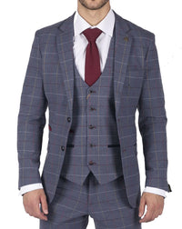 Terno masculino Marc Darcy xadrez azul, cinza e vermelho, 3 peças, elegante e casual, em tweed, corte slim, modelo Drake.