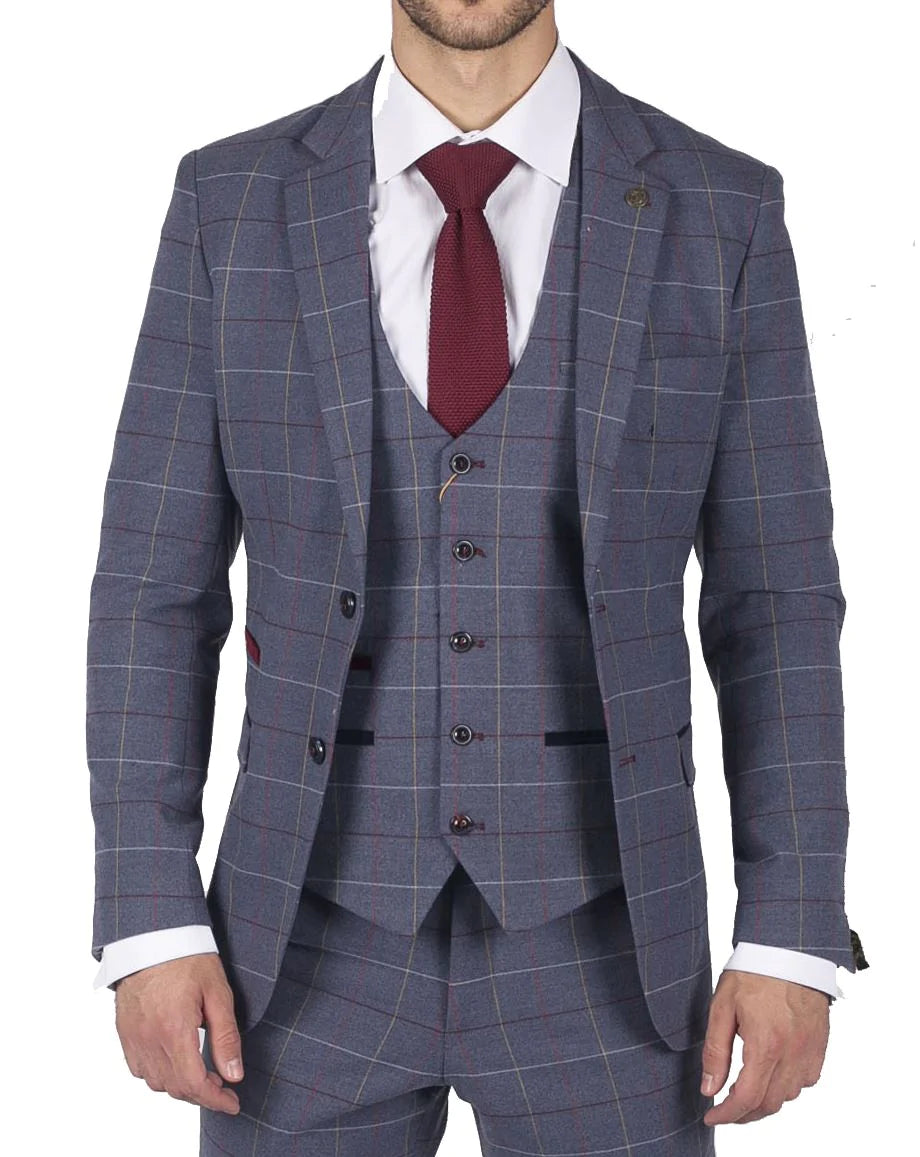 Terno masculino Marc Darcy xadrez azul, cinza e vermelho, 3 peças, elegante e casual, em tweed, corte slim, modelo Drake.