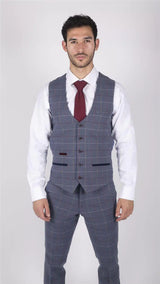 Colete masculino Marc Darcy xadrez azul, cinza e vermelho, estilo casual elegante, em tweed, corte slim.