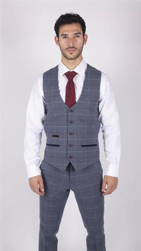 Colete masculino Marc Darcy xadrez azul, cinza e vermelho, estilo casual elegante, em tweed, corte slim.