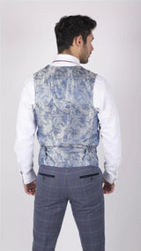 Colete masculino Marc Darcy xadrez azul, cinza e vermelho, estilo casual elegante, em tweed, corte slim.