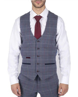 Colete masculino Marc Darcy xadrez azul, cinza e vermelho, estilo casual elegante, em tweed, corte slim.