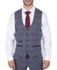 Colete masculino Marc Darcy xadrez azul, cinza e vermelho, estilo casual elegante, em tweed, corte slim.