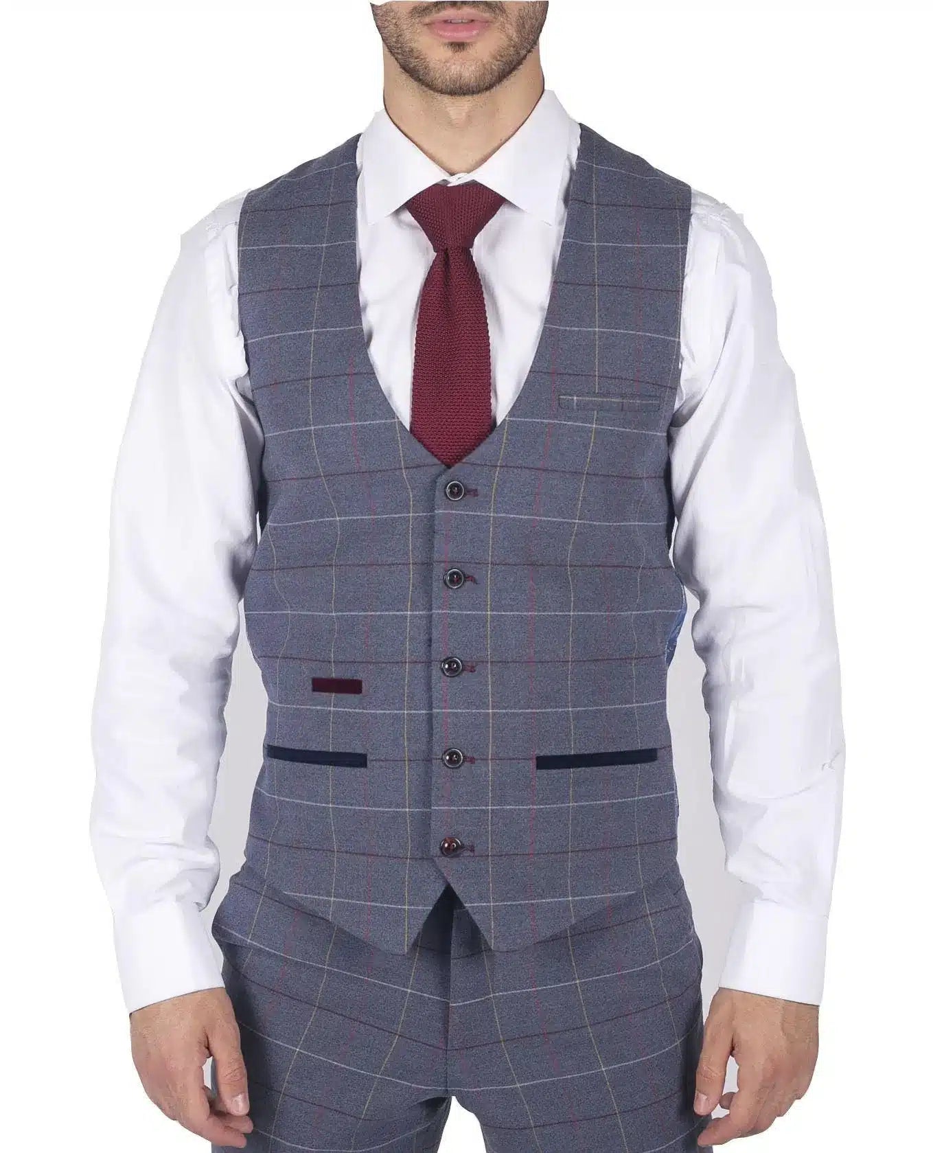 Colete masculino Marc Darcy xadrez azul, cinza e vermelho, estilo casual elegante, em tweed, corte slim.