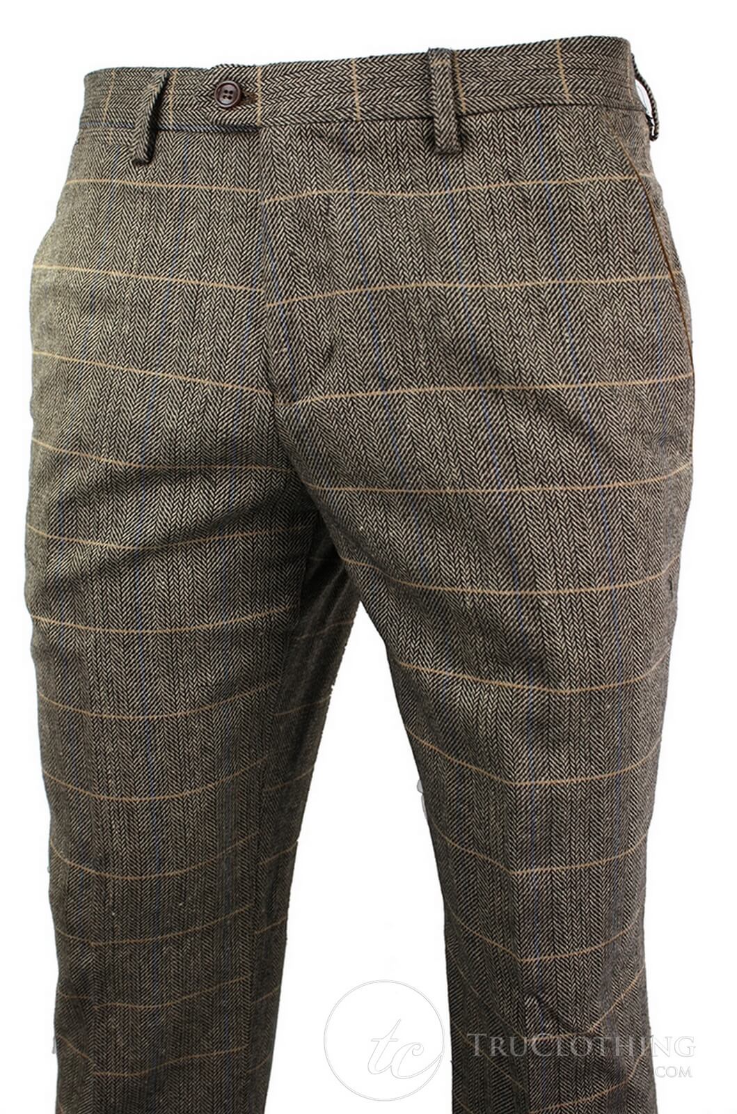 Dx-7 - Calça masculina de tweed xadrez espinha de peixe, cor marrom claro, corte regular