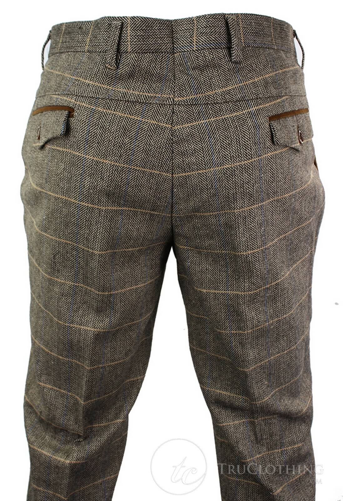 Dx-7 - Calça masculina de tweed xadrez espinha de peixe, cor marrom claro, corte regular