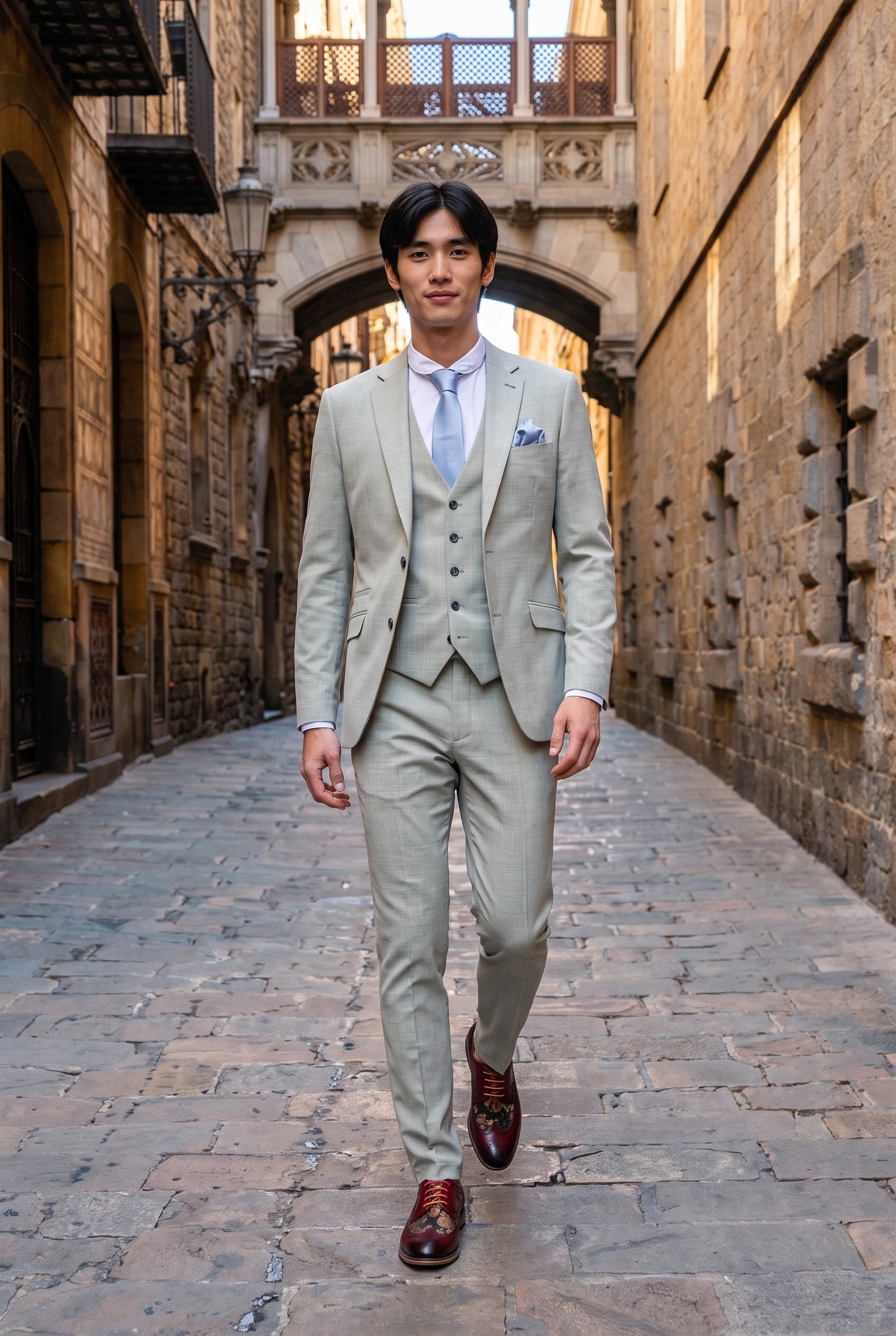 Look #238 styled with Camden - Terno masculino de 3 peças verde-sálvia com corte sob medida.