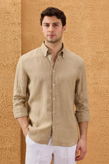 Camisa masculina de linho puro bege escuro, manga comprida, com botões, para o verão.