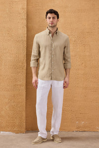 Camisa masculina de linho puro bege escuro, manga comprida, com botões, para o verão.