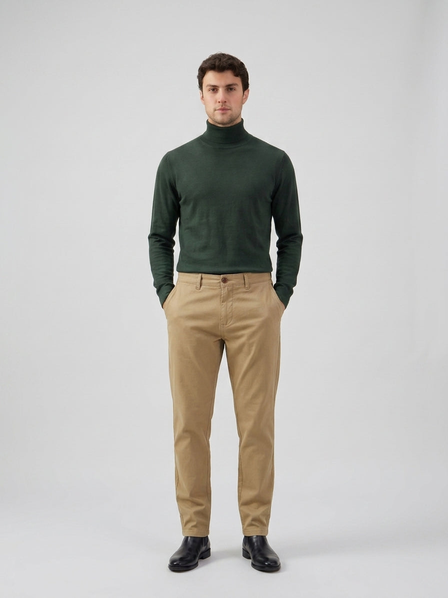 Calças chino masculinas em mistura de linho cáqui e algodão Tencel, tecido fino para o verão.