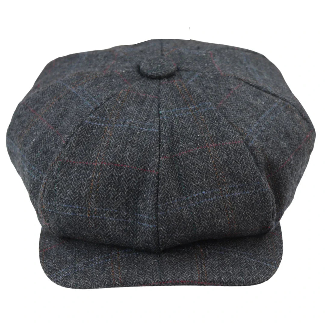 Chapéu masculino Razor Baker Boy de 8 painéis em lã tweed, estilo jornaleiro.