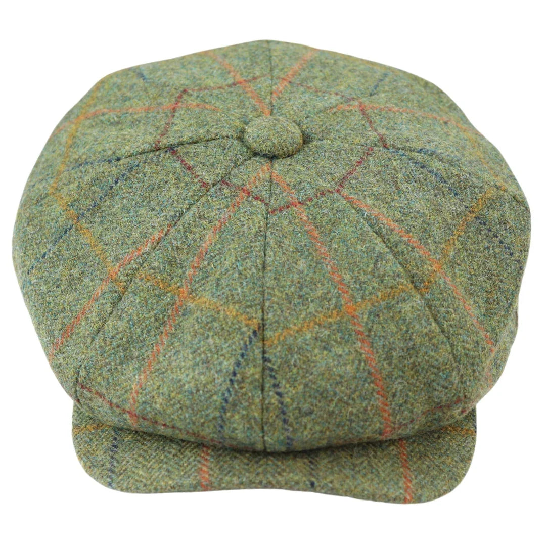 Chapéu Razor masculino de 8 painéis em tweed, modelo Newsboy com estampa xadrez verde.
