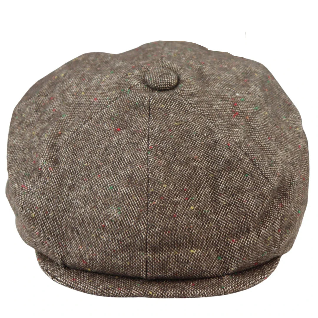 Boné Baker Boy de 8 painéis, modelo Shelby, em lã tweed marrom clássico, com lâmina de barbear.