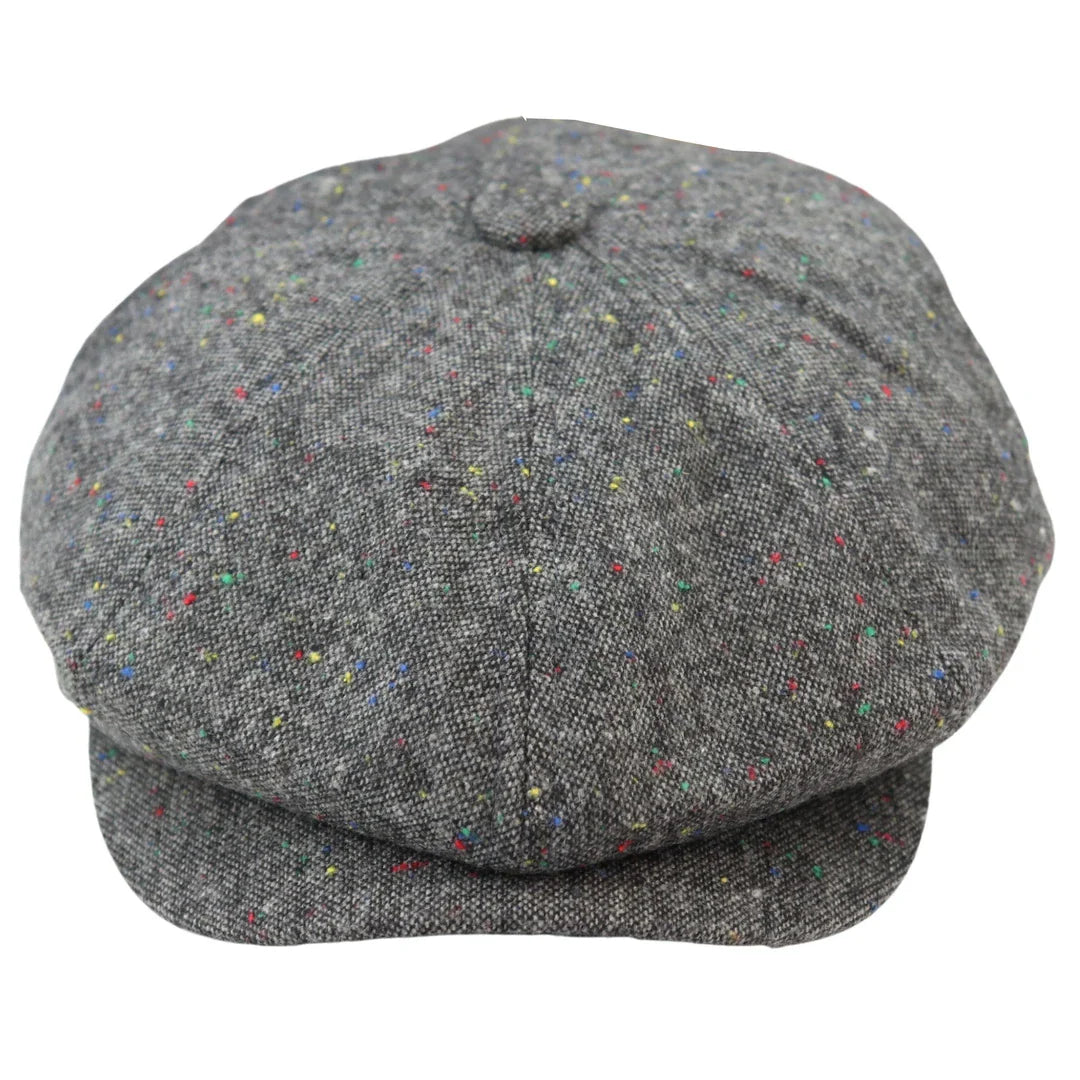 Boné Baker Boy de 8 painéis, modelo Shelby, em lã tweed cinza clássico, com lâmina de barbear.