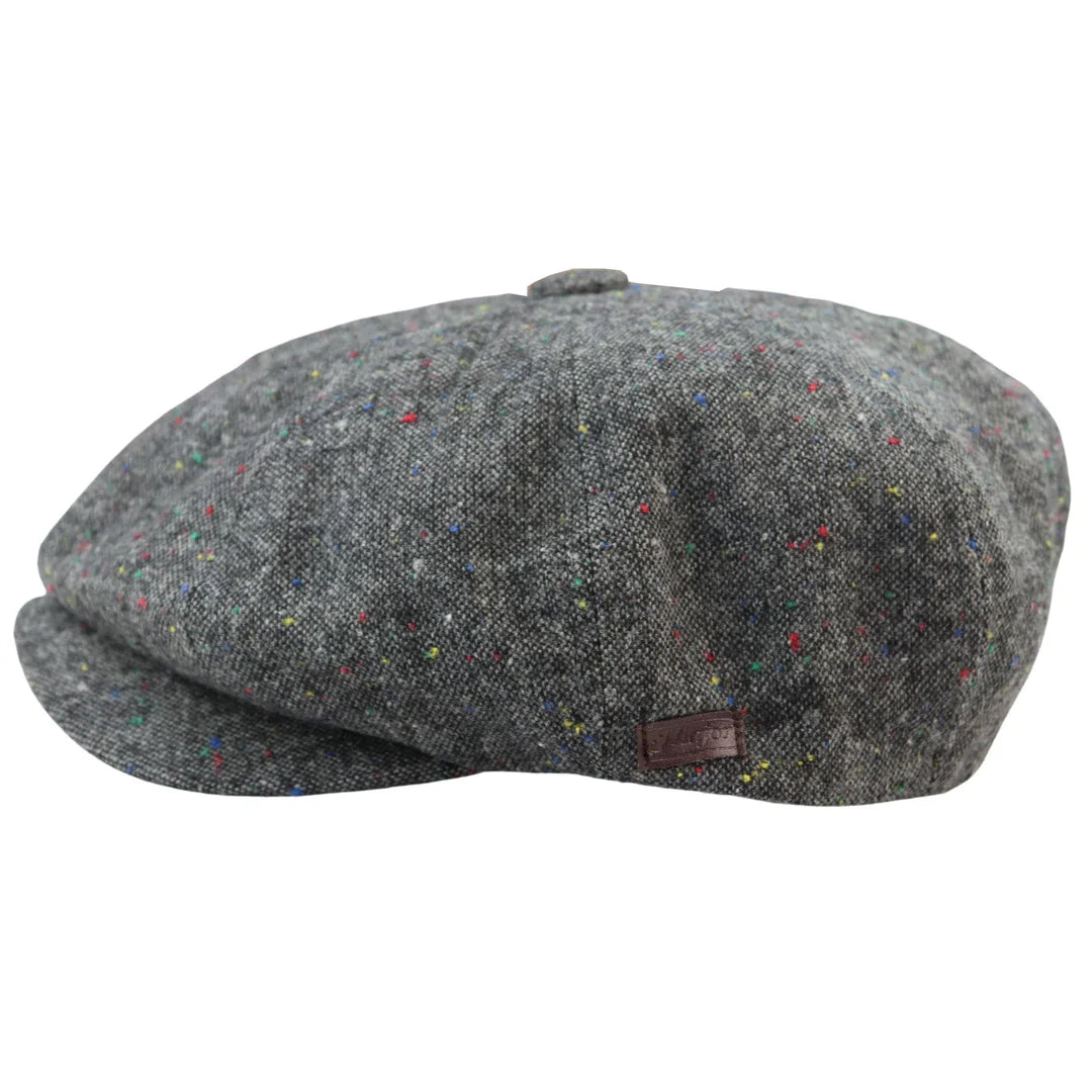 Boné Baker Boy de 8 painéis, modelo Shelby, em lã tweed cinza clássico, com lâmina de barbear.