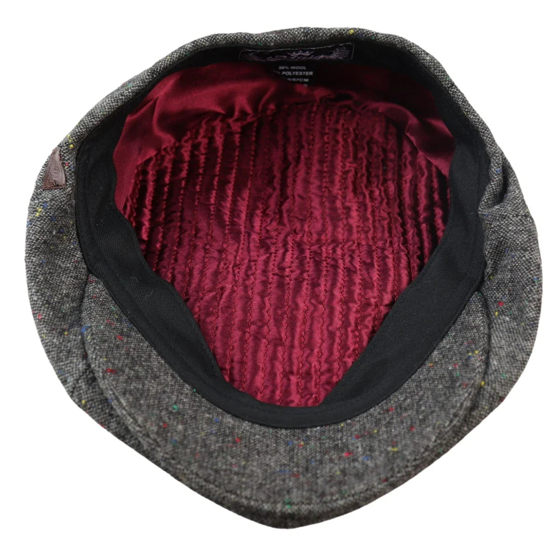 Boné Baker Boy de 8 painéis, modelo Shelby, em lã tweed cinza clássico, com lâmina de barbear.