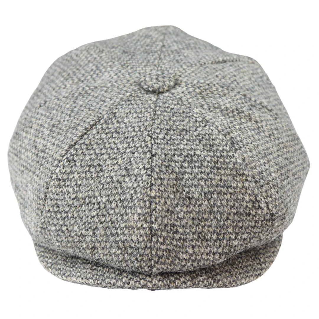 Boné Baker Boy de 8 painéis, modelo Shelby, em lã tweed, clássico cinza claro, com lâmina.