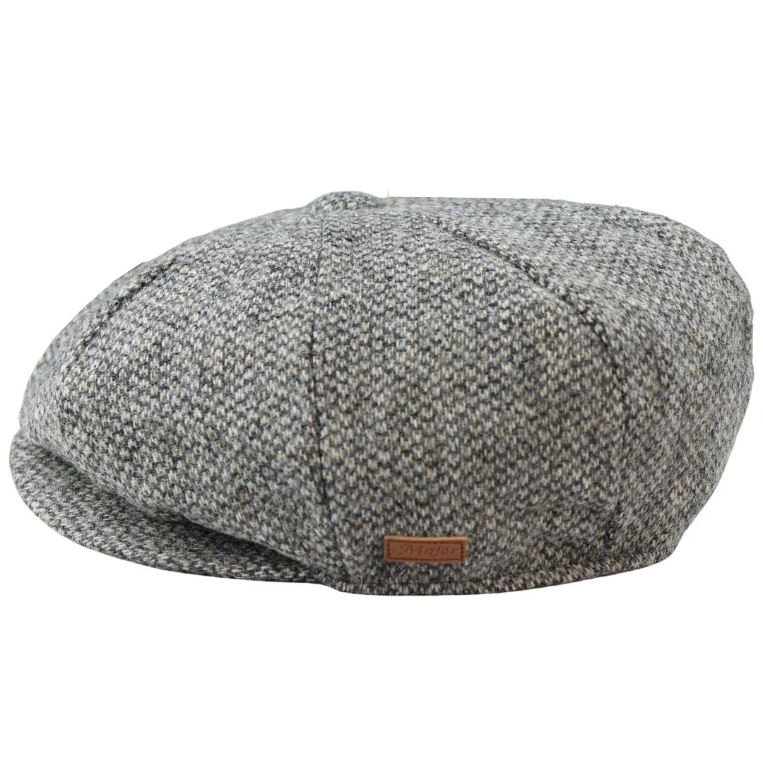 Boné Baker Boy de 8 painéis, modelo Shelby, em lã tweed, clássico cinza claro, com lâmina.