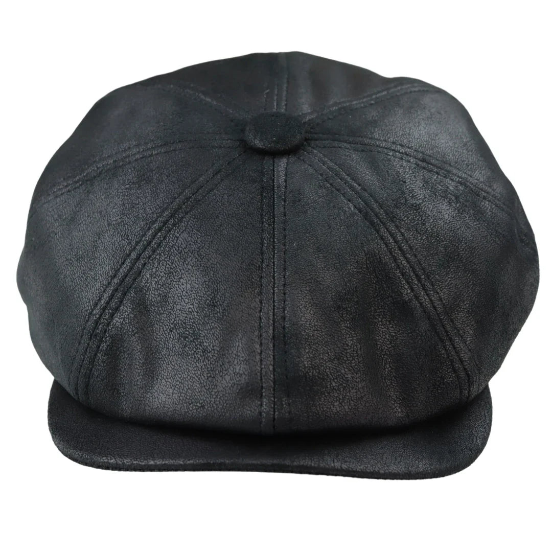 Chapéu masculino Razor Baker Boy de 8 painéis em couro PU, estilo jornaleiro, preto.