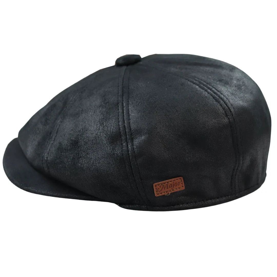 Chapéu masculino Razor Baker Boy de 8 painéis em couro PU, estilo jornaleiro, preto.