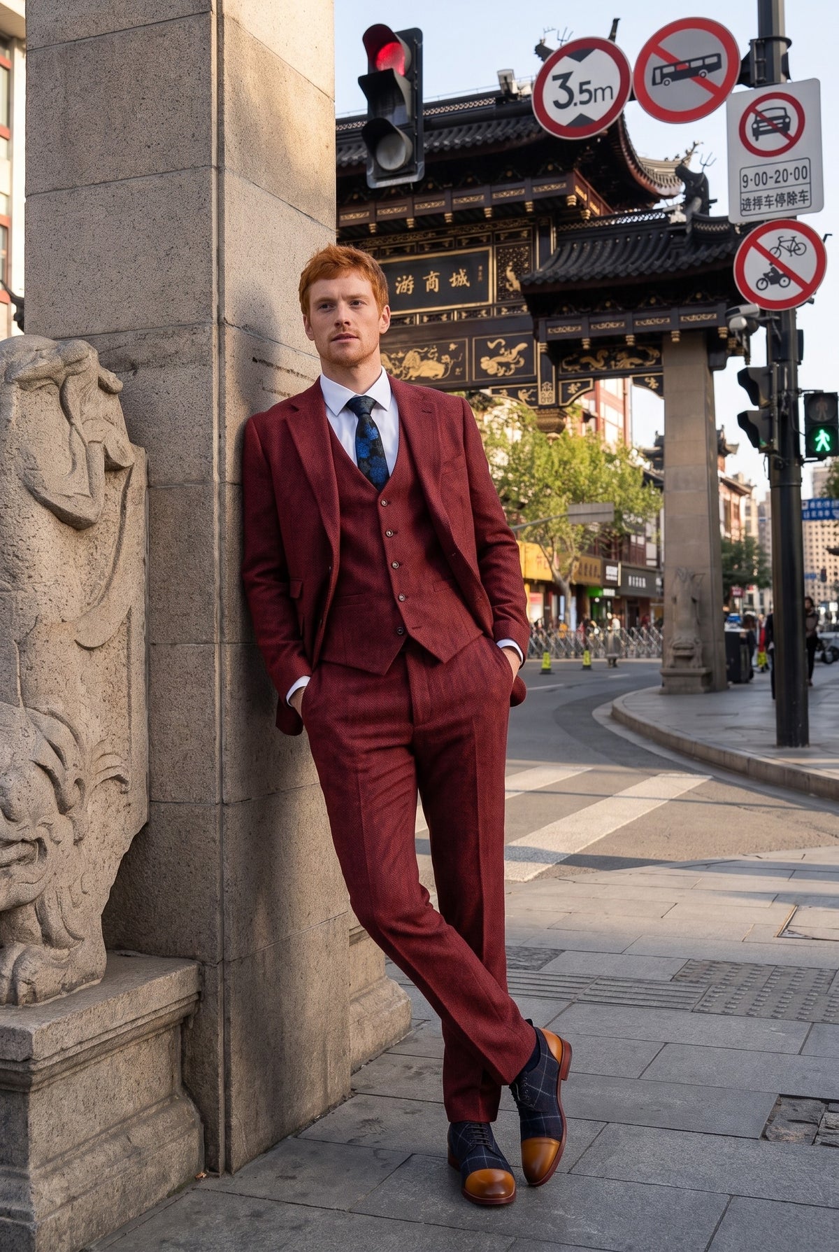 Look #271 styled with Terno masculino de tweed de 3 peças em espinha de peixe na cor vinho - STZ11