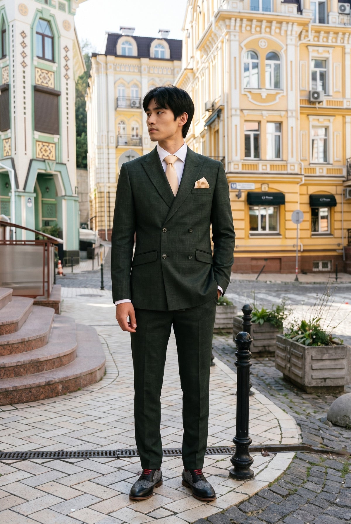 Look #780 styled with Caridi - Terno masculino de duas peças verde-oliva com abotoamento duplo
