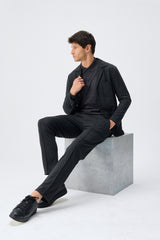 Conjunto de blazer e calça social masculino em malha macia cinza-carvão