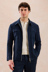 Camisa masculina de linho azul-marinho com zíper, leve e ideal para o verão.
