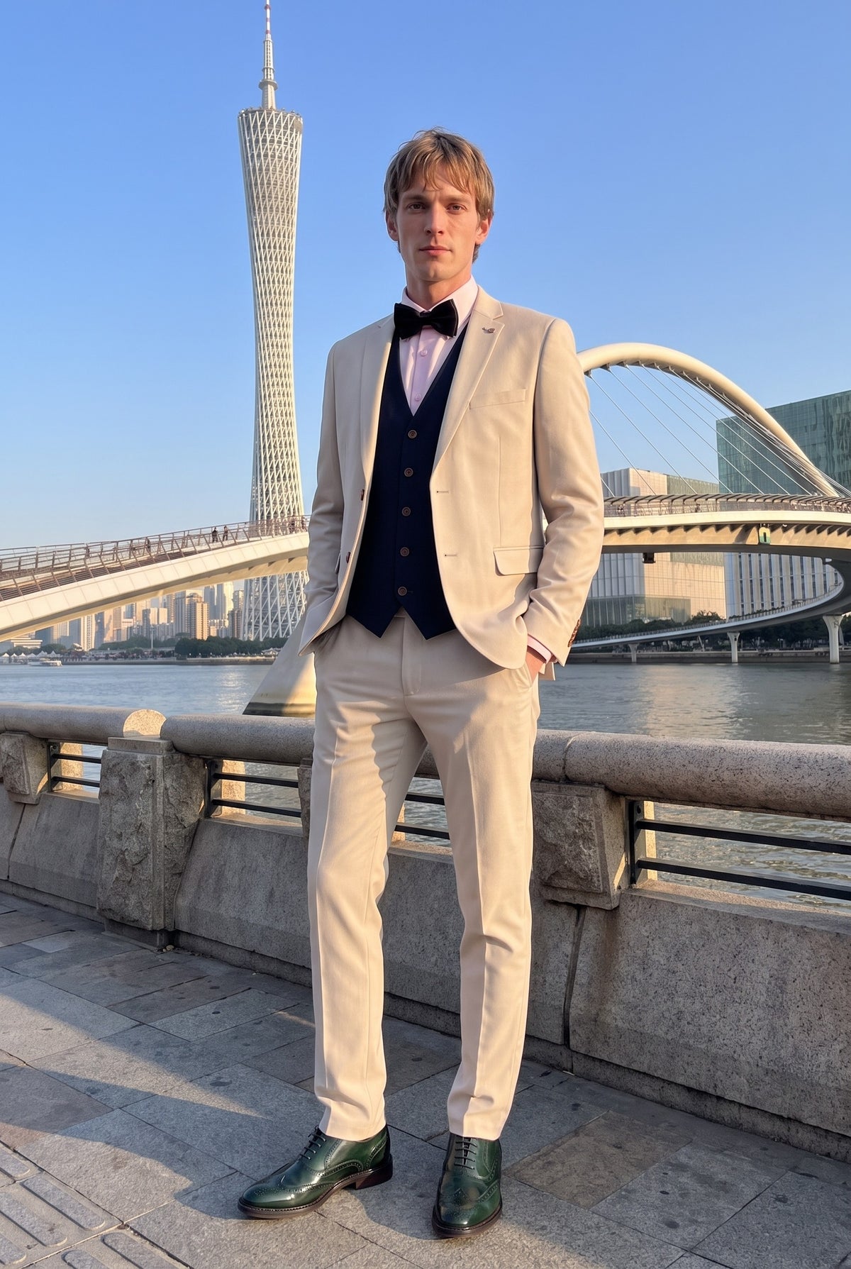 Look #999 styled with Mayfair - Terno masculino de 3 peças creme com colete azul-marinho