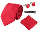 Conjunto de presente em cetim de seda vermelho com gravata, lenço de bolso, abotoaduras e cetim brilhante.