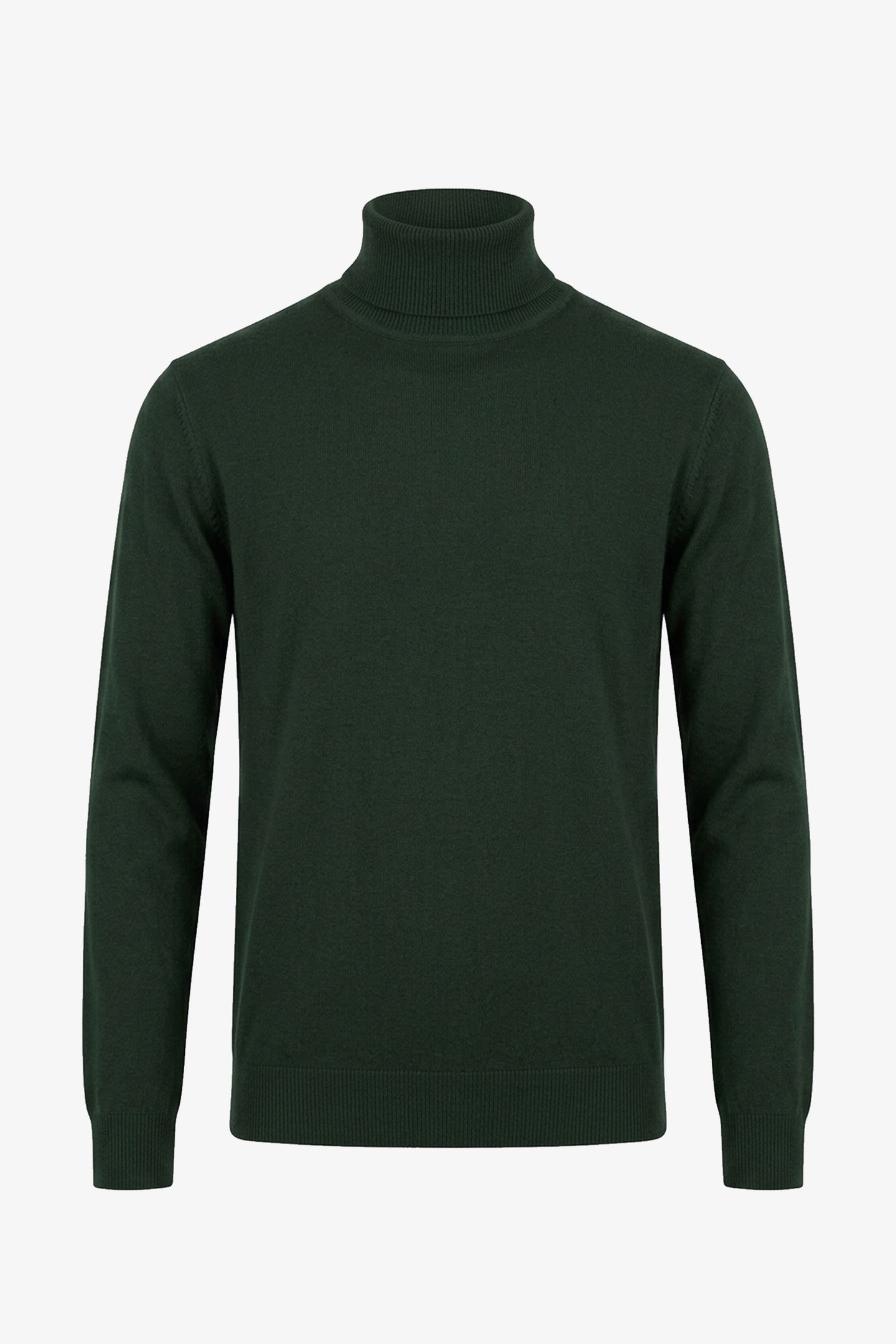 Suéter masculino verde de gola alta, em malha de viscose macia, manga comprida.