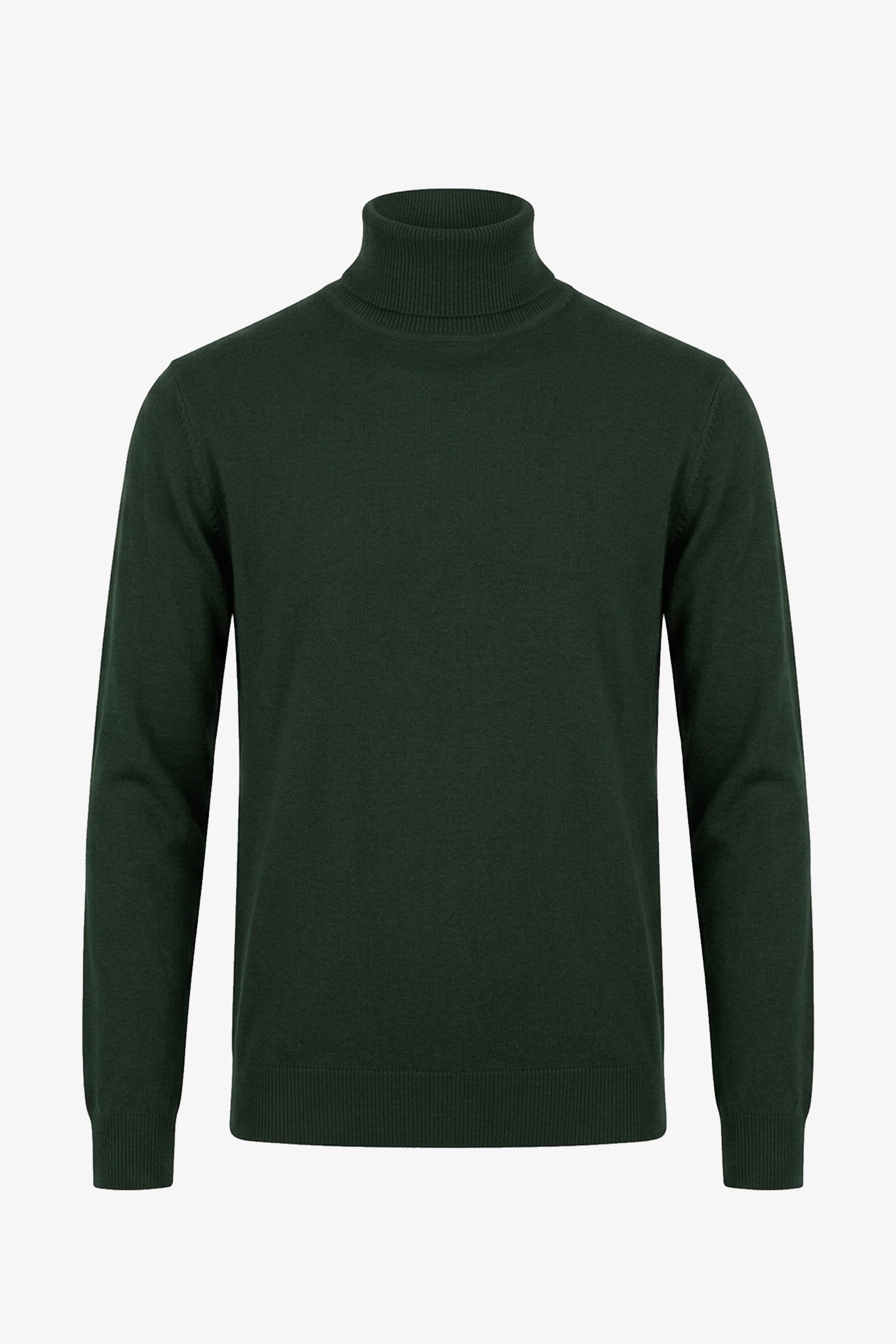 Suéter masculino verde de gola alta, em malha de viscose macia, manga comprida.