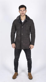 Casaco masculino de pele de carneiro genuína marrom vintage clássico 3/4 com botões e decote em V