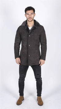 Casaco masculino de pele de carneiro genuína marrom vintage clássico 3/4 com botões e decote em V