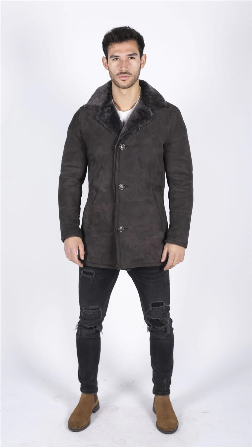 Casaco masculino de pele de carneiro genuína marrom vintage clássico 3/4 com botões e decote em V