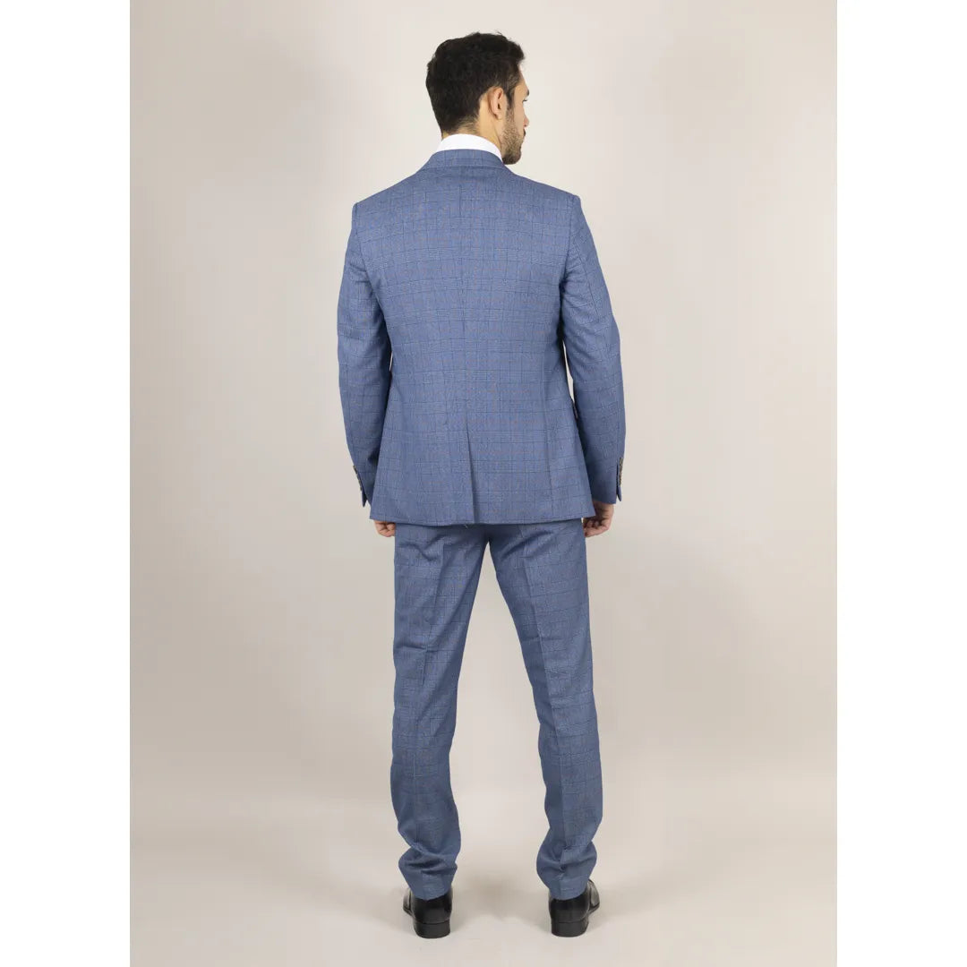 Terno masculino Earl de 3 peças, azul xadrez, sob medida.